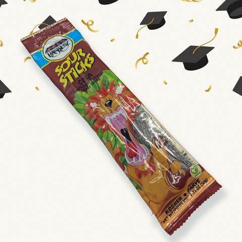 Graduation-themed sour candy pack with festive caps and confetti background