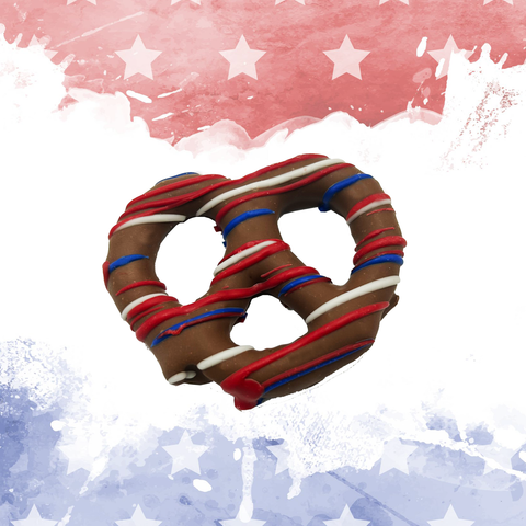 Red, white, and blue chocolate pretzel