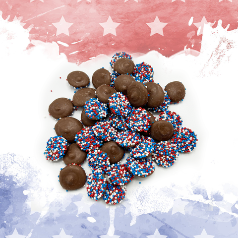 Red, white, and blue chocolate nonpareils