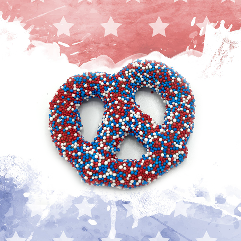 Red, white, and blue chocolate pretzel