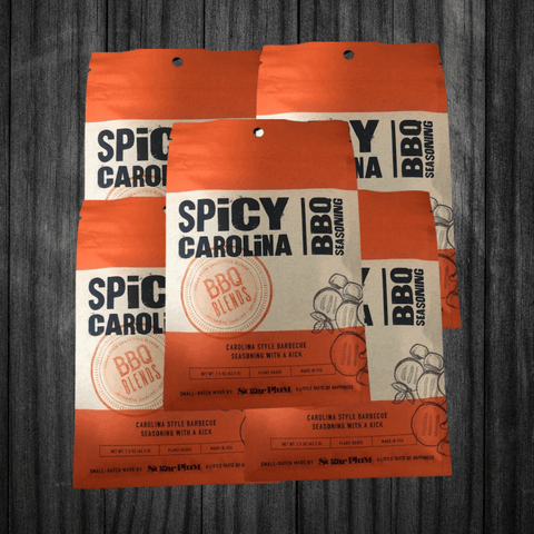 "Spicy Carolina BBQ Seasoning 5-Pack on rustic wood background"