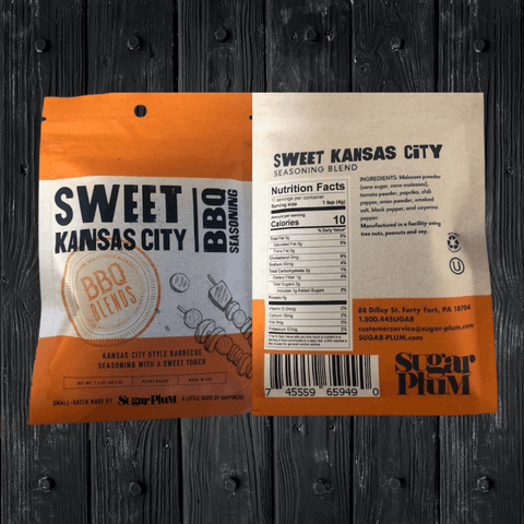 Sweet Kansas City BBQ Seasoning packaging with label and ingredients by Sugar Plum.