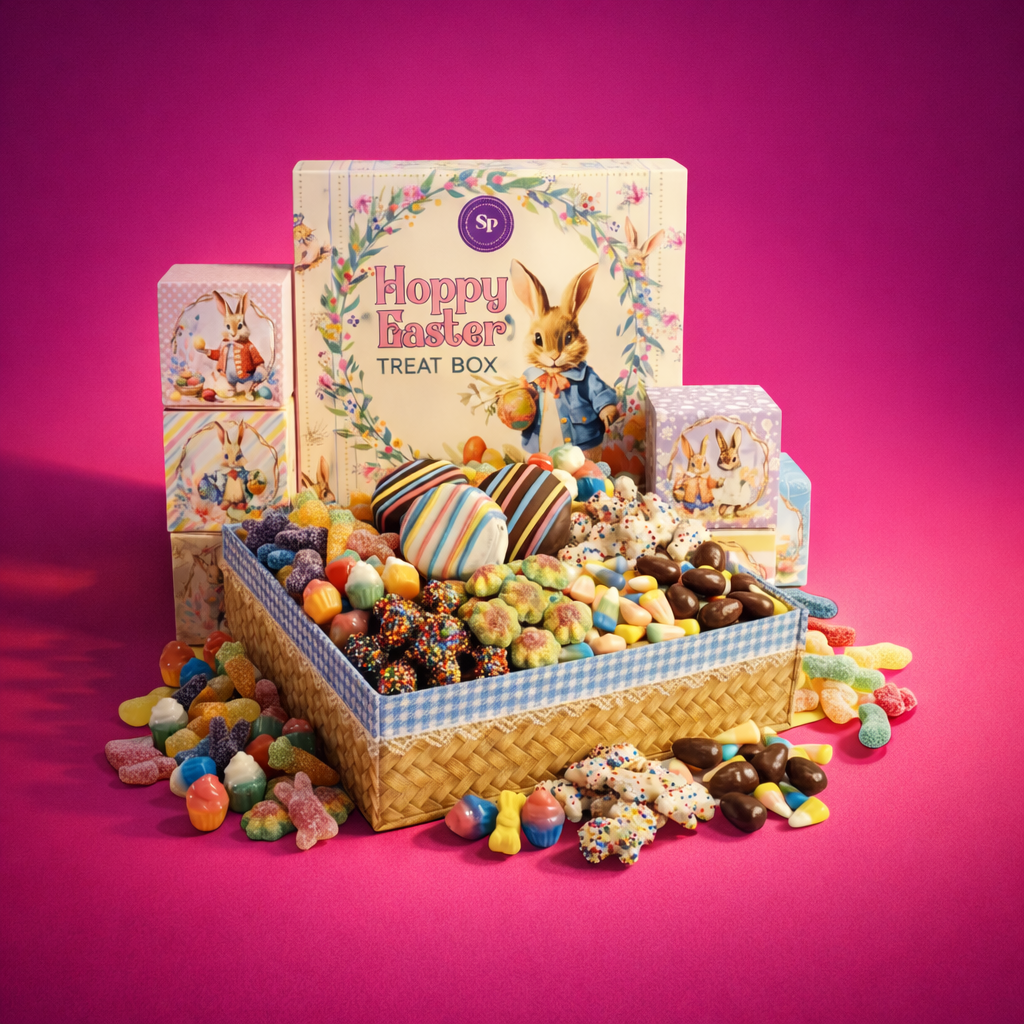 Easter treat box filled with colorful candies and a 'Happy Easter' book on a pink background