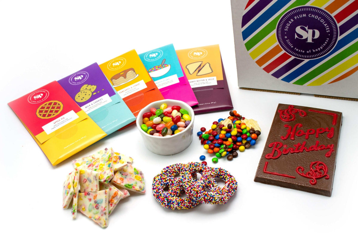Deluxe Happy Birthday Gift Box with 10 Gourmet Snacks – Includes Nostalgic Chocolate Bars, Rainbow Gummies, Chocolate-Covered Pretzels & More – Perfect Birthday Gift