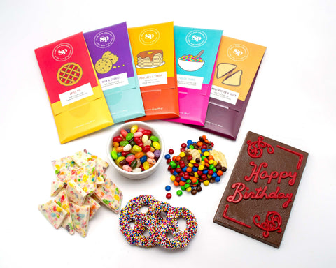 Deluxe Happy Birthday Gift Box with 10 Gourmet Snacks – Includes Nostalgic Chocolate Bars, Rainbow Gummies, Chocolate-Covered Pretzels & More – Perfect Birthday Gift