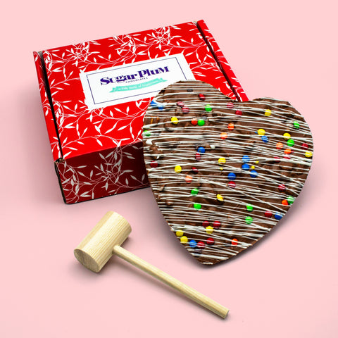 Chocolate Heart Smash with Wooden Mallet – Handcrafted by Sugar Plum | Gourmet Milk Chocolate with Pretzels, Cookies, & Candied Gems | 10% Proceeds to End Jew Hatred Movement
