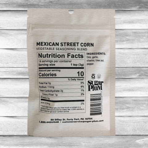 Sugar Plum Mexican Street Corn Vegetable Seasoning Pack with Nutrition Facts and Ingredients List