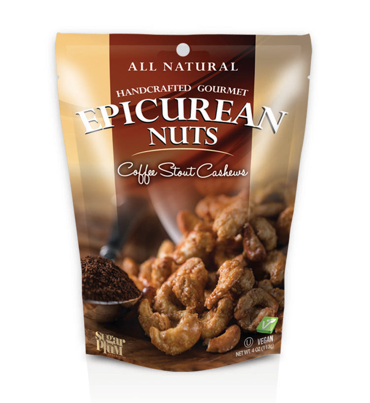Sugar Plum Epicurean Coffee Stout Cashews 4 oz pack with premium roasted nuts and Irish stout blend.