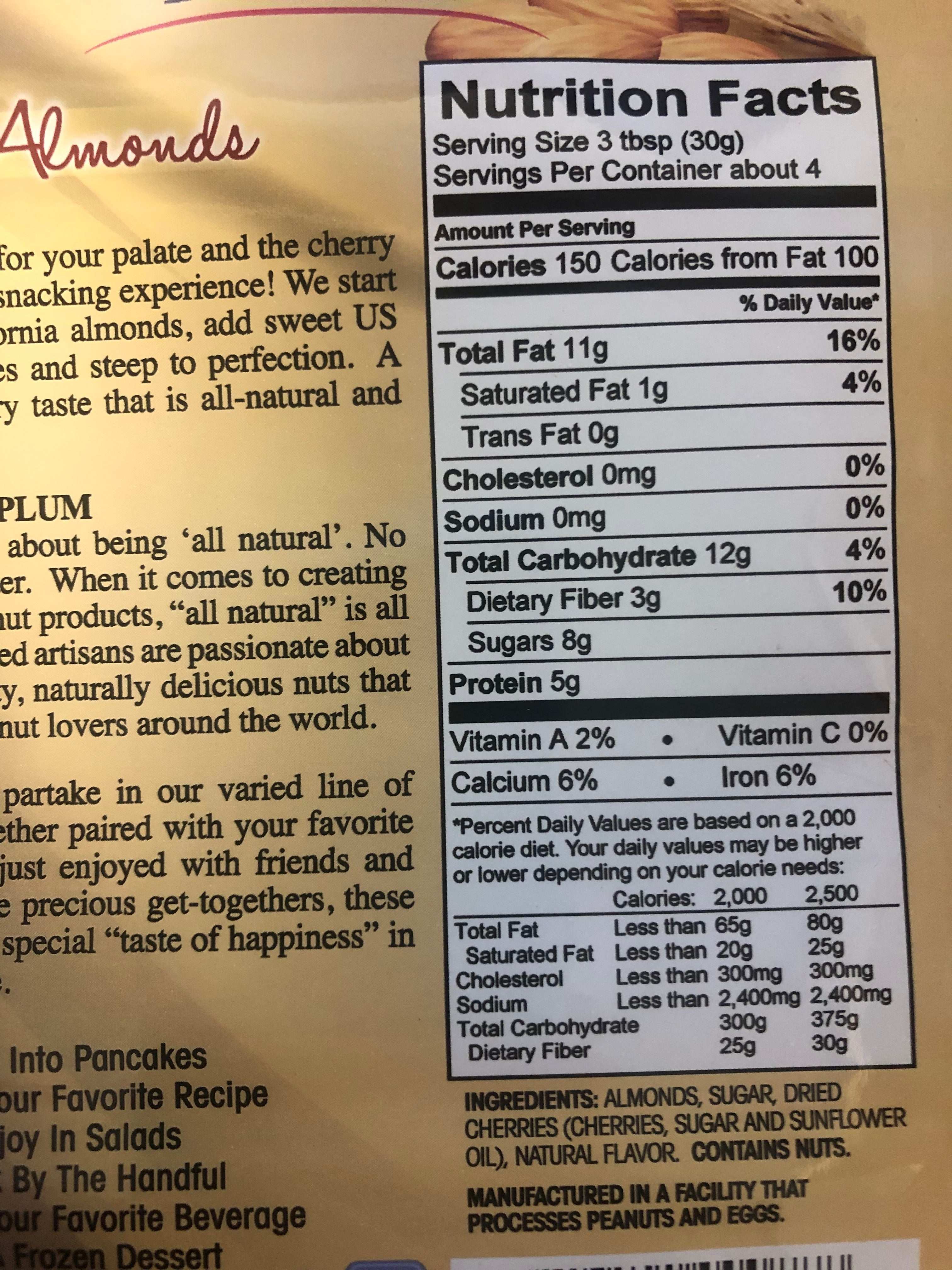Nutrition facts label for Epicurean Nuts Cherry Almonds, detailing calorie, fat, carbohydrate, and vitamin content per serving.