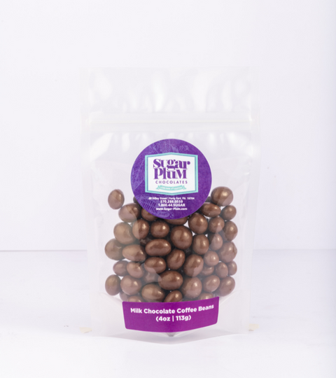 Milk Chocolate Coffee Beans packed in a stand up pouch with zip lock.