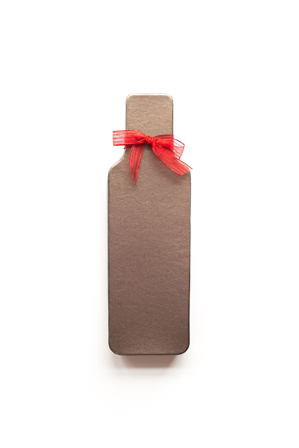 Wine bottle-shaped chocolate truffle box with red ribbon, ideal gift for wine lovers.