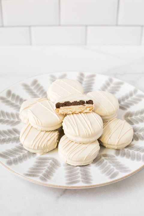 Chocolate-Covered Sandwich Cookies - Box of 12 - Sugar Plum Chocolates with white chocolate.