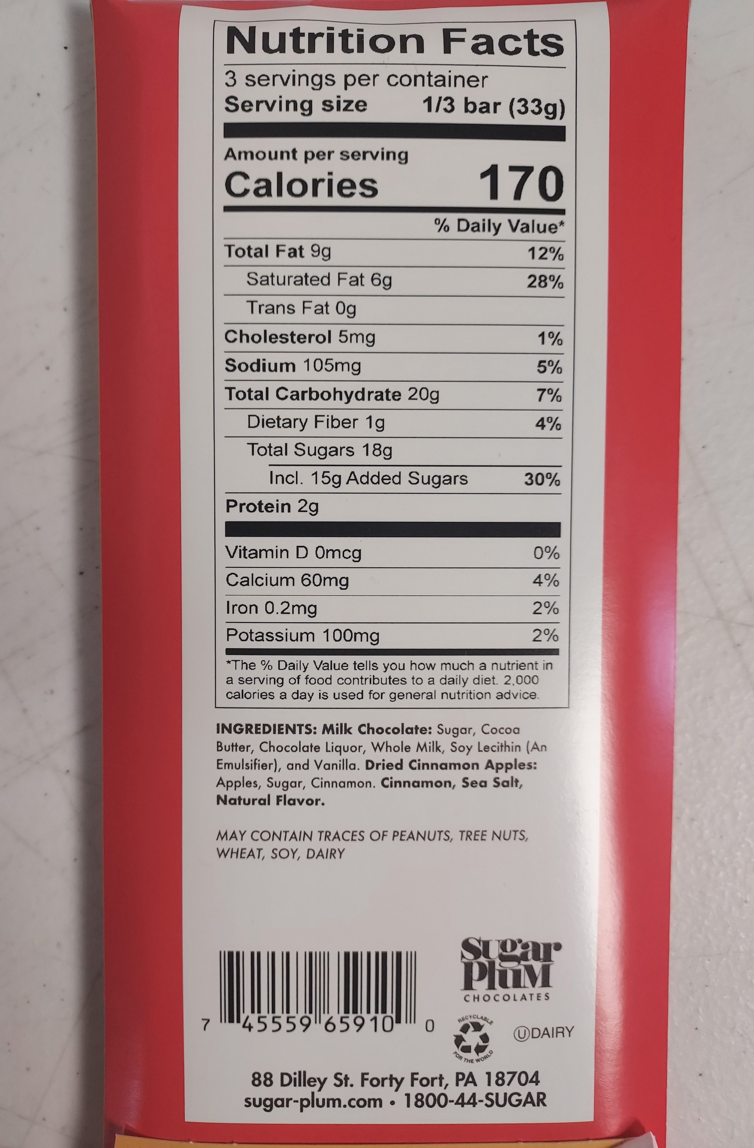 Nutrition facts label for Sugar Plum handcrafted chocolate bar detailing calorie content, ingredients, and serving information.