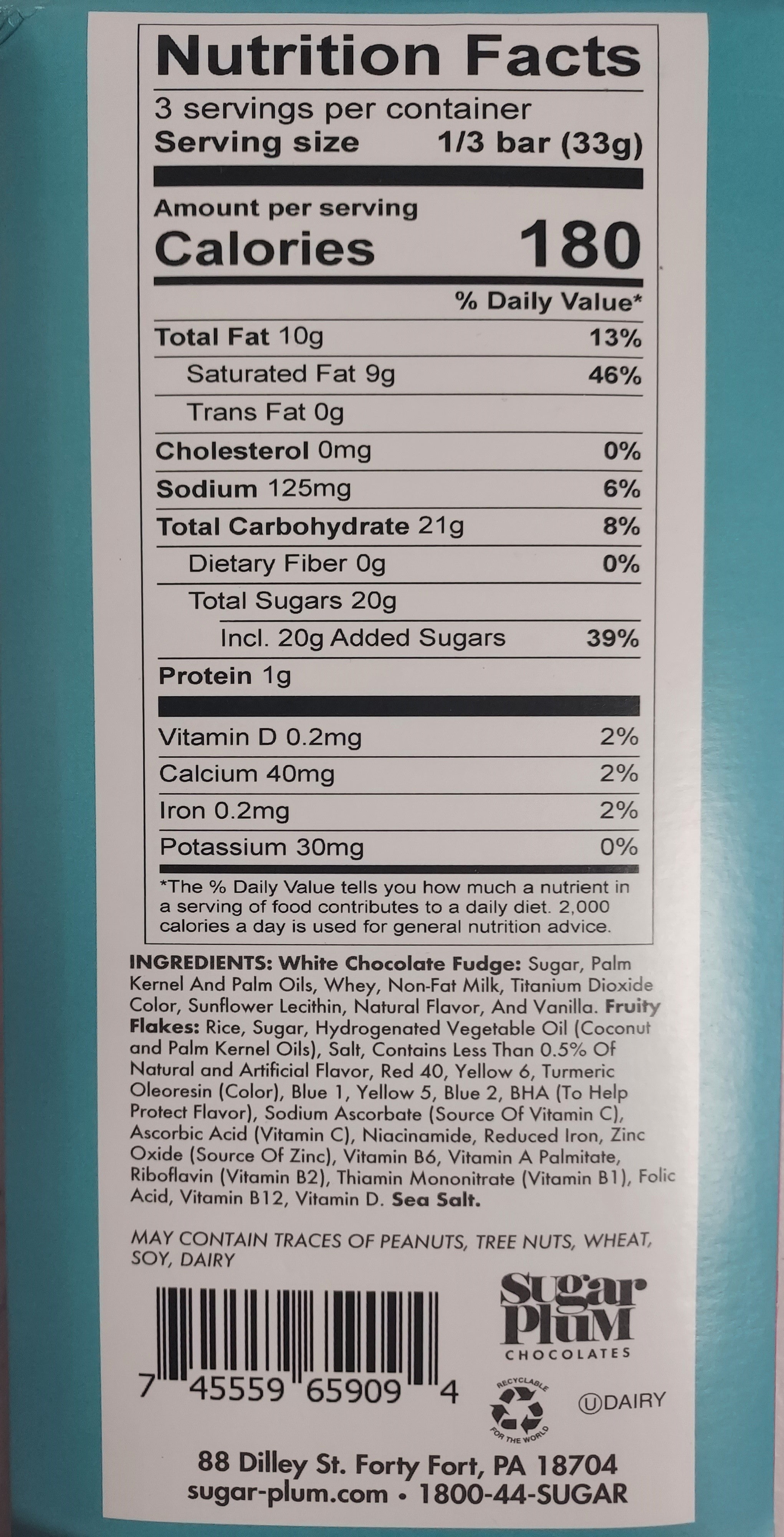 Nutrition facts label for Sugar Plum Nostalgic Chocolate Bars, highlighting calories, fat, and sugar content per serving.