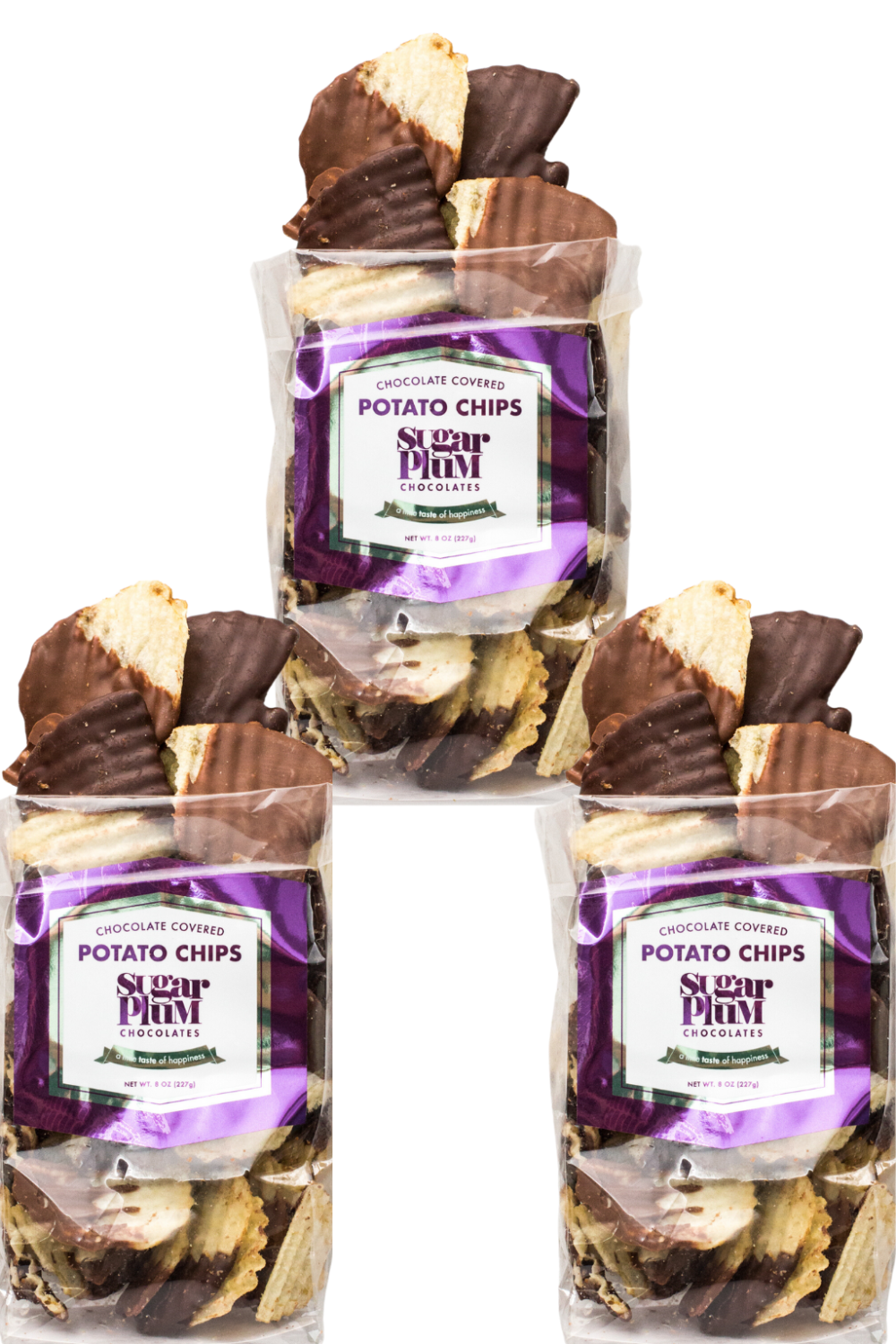 Three bags of Sugar Plum's chocolate covered potato chips