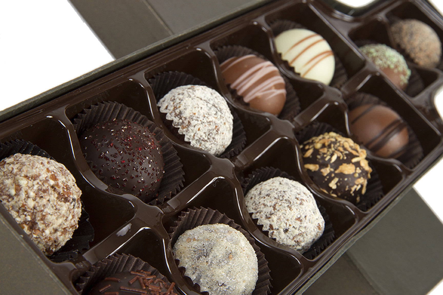 Wine truffle box with 12 handcrafted gourmet chocolate truffles in assorted flavors, perfect gift for wine lovers.