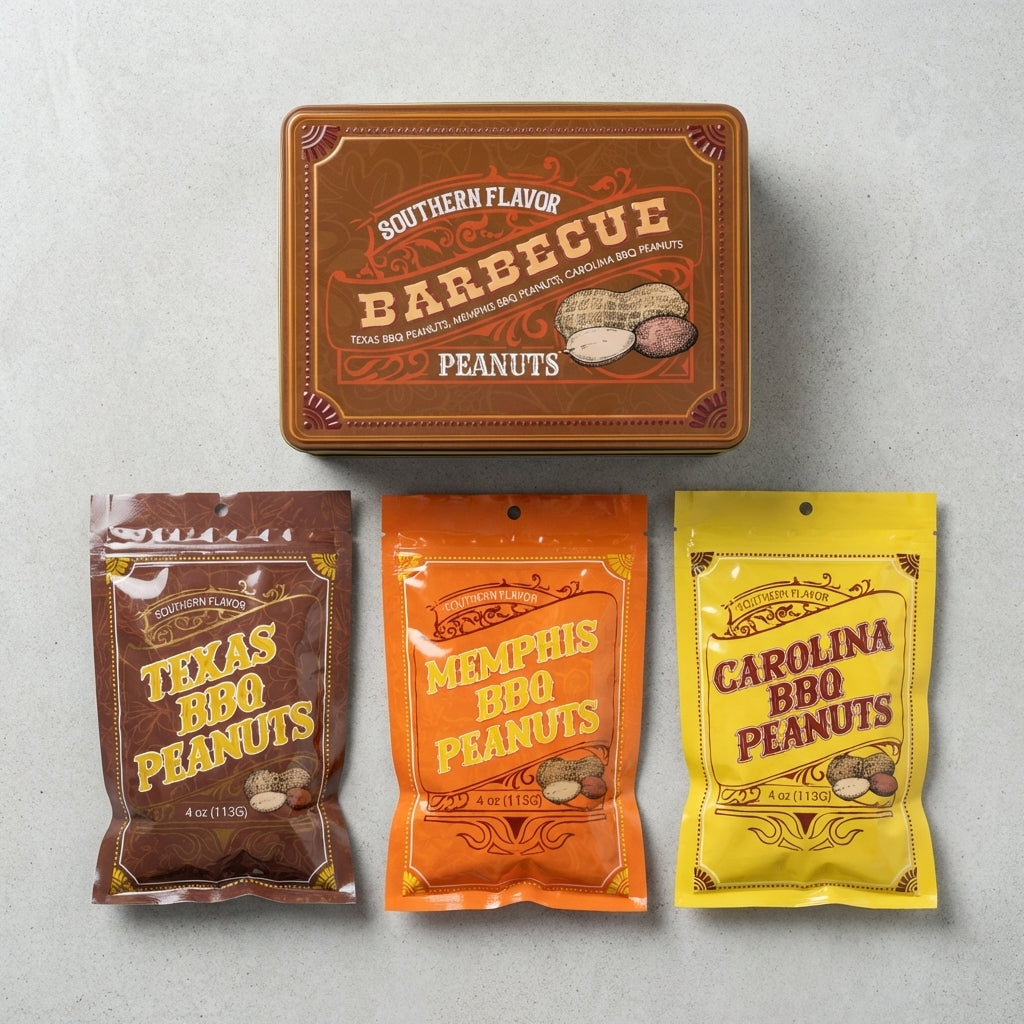 Assorted packages of Southern Flavor Barbecue Peanuts in different flavors on a gray background