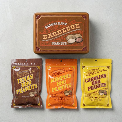 Assorted packages of Southern Flavor Barbecue Peanuts in different flavors on a gray background