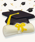 Up close view of one of the chocolates contained in the box, a graduation cap chocolate 