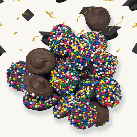 Up close view of one of the treats contained in the box, nonpareils