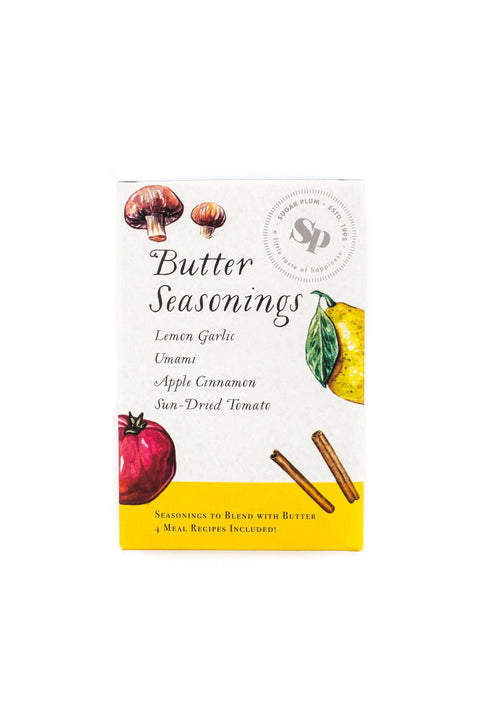Butter Seasonings 4-Flavor Spice Pack with Lemon Garlic, Umami, Sun-Dried Tomato, and Apple Cinnamon flavors for cooking and grilling.