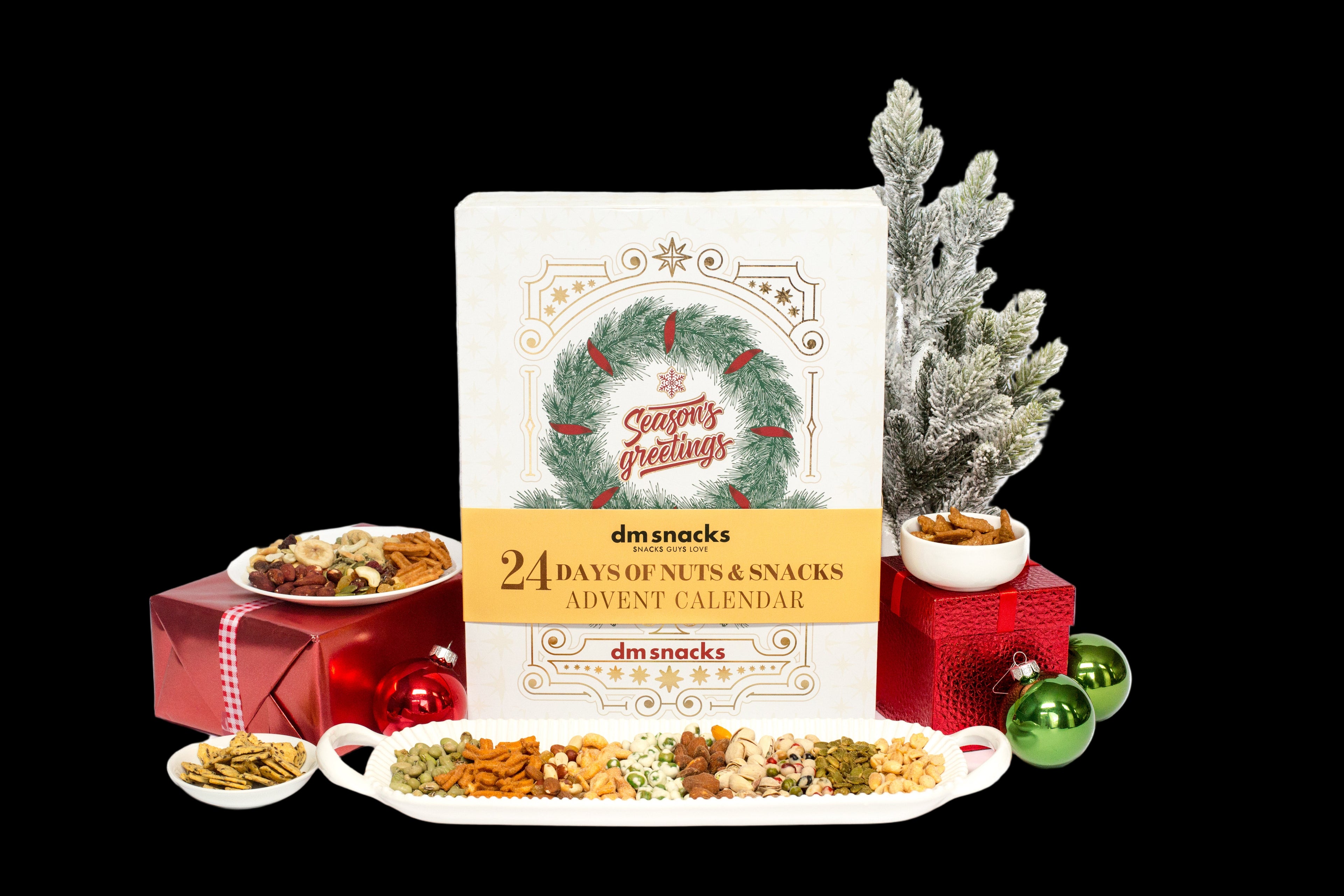 dm snacks Advent calendar with Christmas decorations and snacks on a white background