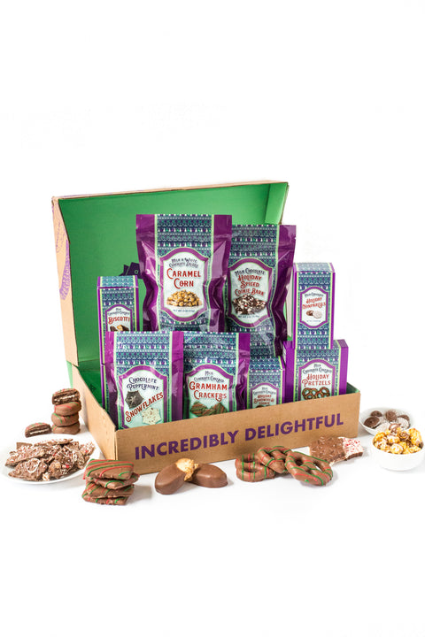 Decadent Chocolate Holiday Treats Gift Box with handcrafted chocolates and caramel corn, perfect for holiday gifting.