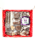 Chocolate Eruption Gourmet Gift Box with 26 hand-dipped treats, featuring assorted chocolates, cookies, popcorn, and pretzels. Perfect gift.