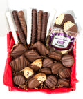 Gourmet chocolate gift box with 26 hand-dipped treats, including chocolate-covered potato chips, cookies, pretzels, and more.