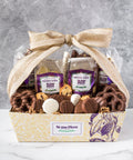 Luxurious 40-piece Chocolate Kilimanjaro Gift Basket by Sugar Plum with assorted gourmet chocolate treats and snacks.