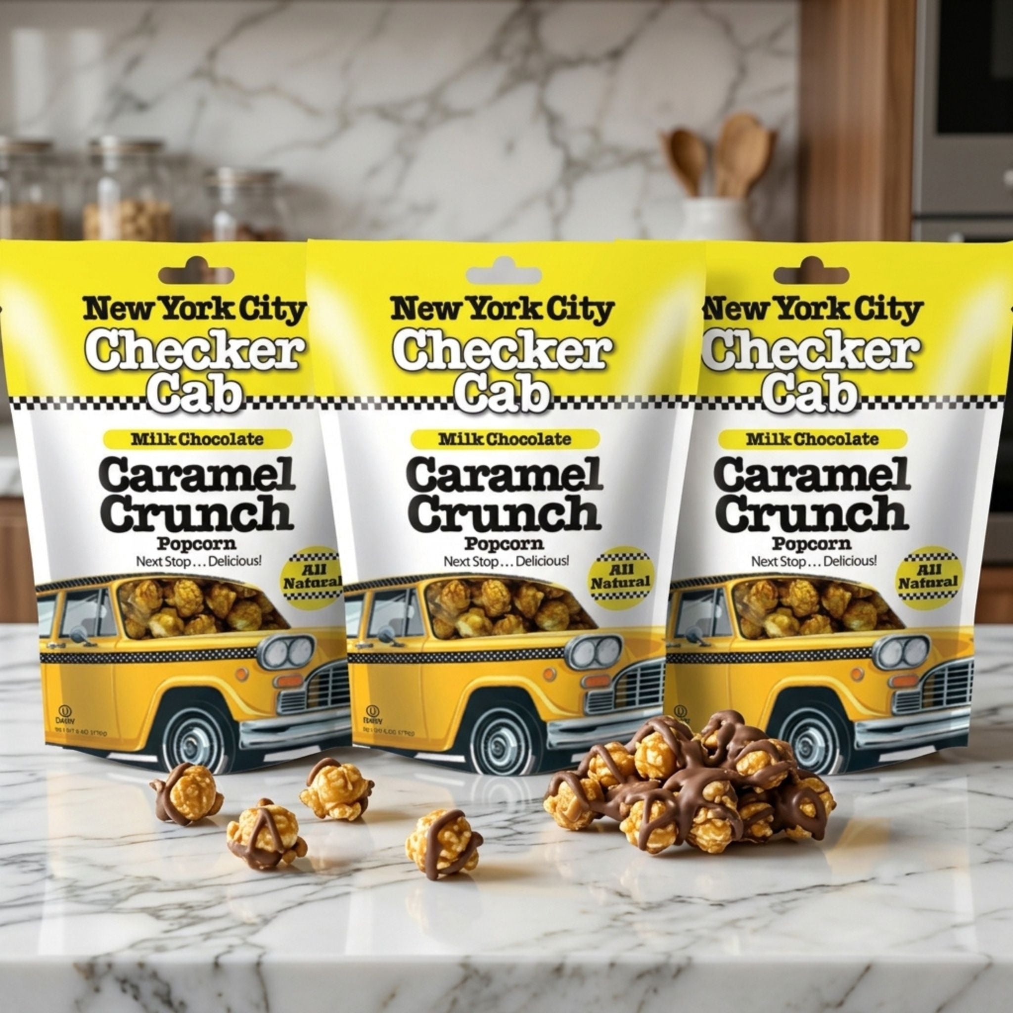3 Bags New York City Checker Cab Milk Chocolate Popcorn Caramel Crunch 