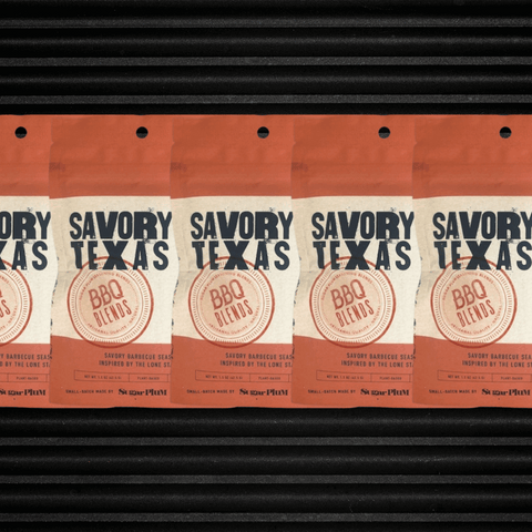 Five-pack of Savory Texas BBQ Seasoning featuring bold BBQ spice blend packaging on a textured background.