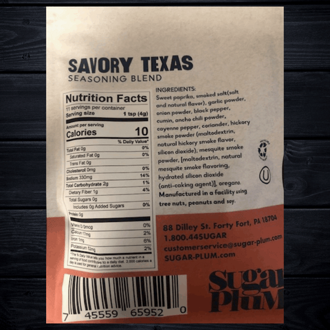 Savory Texas BBQ Seasoning label with ingredients and nutritional information from Sugar Plum.