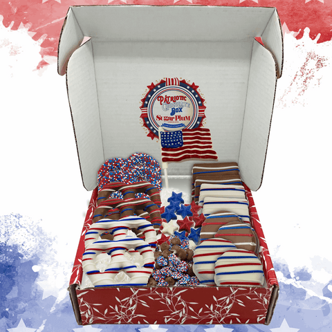 Patriotic Chocolate Box with assorted red, white, and blue chocolates for Independence Day and Veterans Day celebrations.