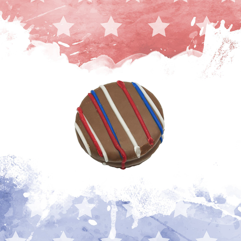 Red, white, and blue chocolate sandwich cookie