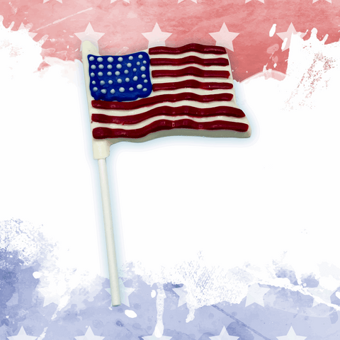 American flag chocolate pop with red, white, and blue colors on a festive background for patriotic celebrations.