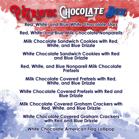 Patriotic Chocolate Box description of all box contents listed out
