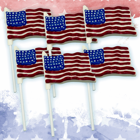 White Chocolate American Flag Lollipops in a 6-pack, handcrafted patriotic treats for Fourth of July and Memorial Day celebrations.