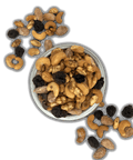 Whiskey Old-Fashioned flavored nuts in a bowl with scattered nuts on a black background.