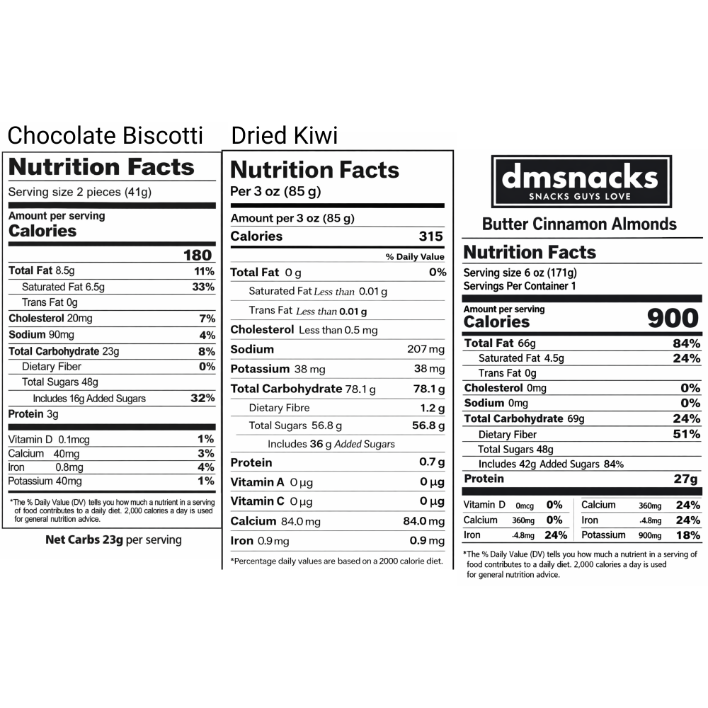 Nutrition facts labels for Chocolate Biscotti, Dried Kiwi, and Butter Cinnamon Almonds with dmsnacks branding.