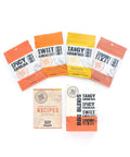 BBQ Blends 4 Flavor Spice Packets featuring Spicy Carolina, Sweet Kansas City, Tangy Memphis, and Savory Texas with recipe card.