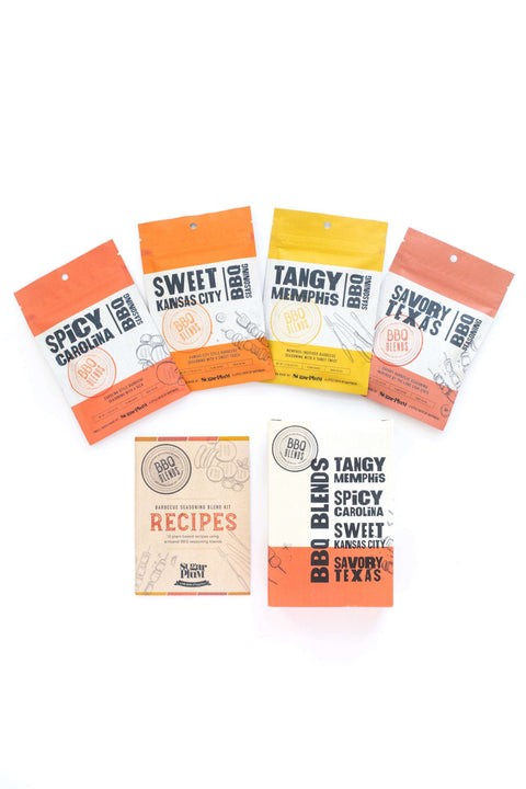 BBQ Blends 4 Flavor Spice Packets featuring Spicy Carolina, Sweet Kansas City, Tangy Memphis, and Savory Texas with recipe card.