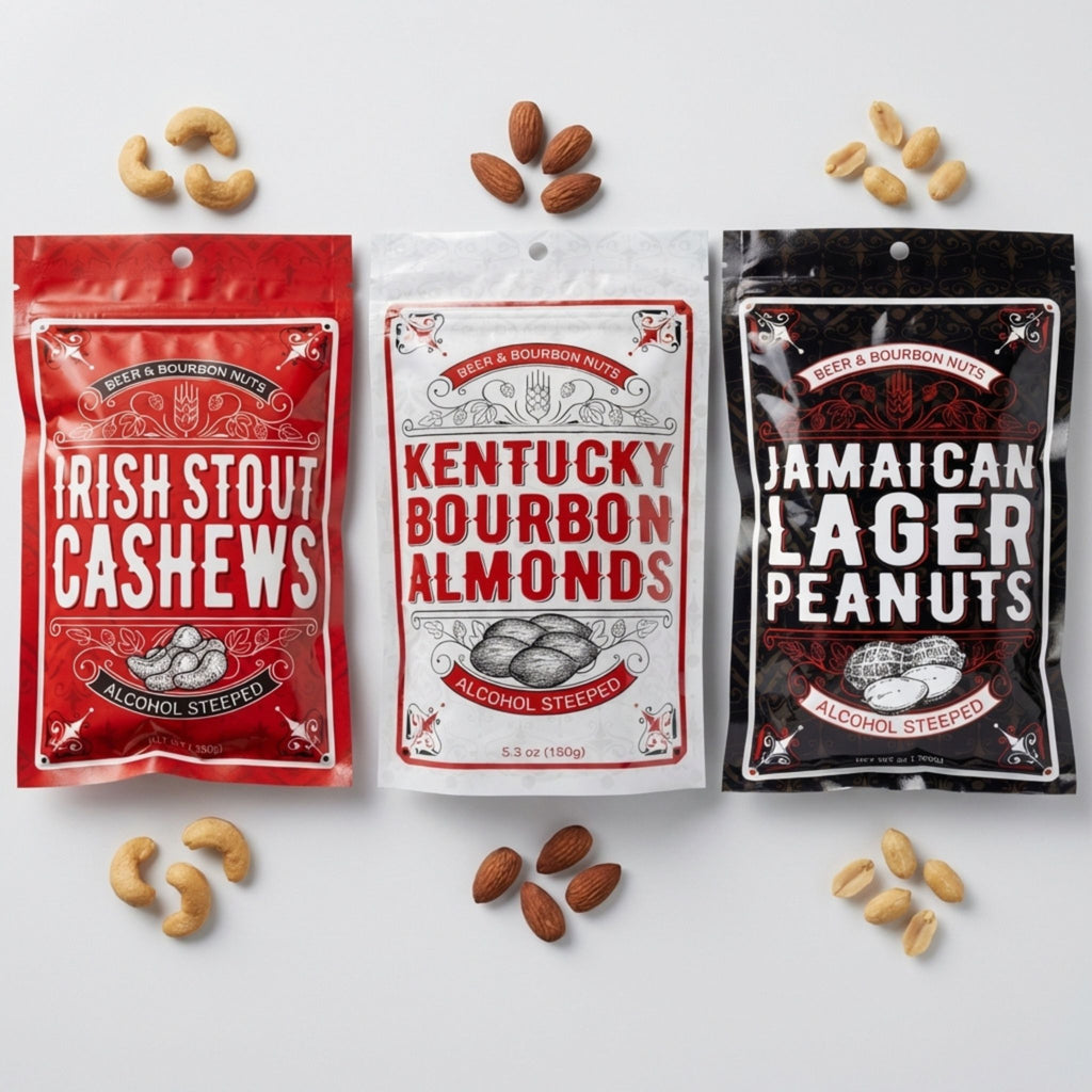Beer & Bourbon Nuts Irish Stout Cashews Kentucky Bourbon Almonds Jamaican Lager Peanuts