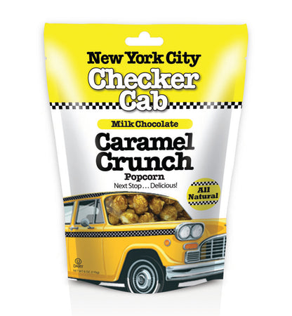 NYC Checker Cab Milk Chocolate Caramel Crunch Popcorn bag with yellow cab design.