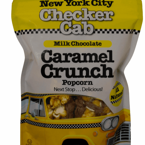 NYC Checker Cab Milk Chocolate Caramel Crunch Popcorn bag featuring artistic yellow cab design.