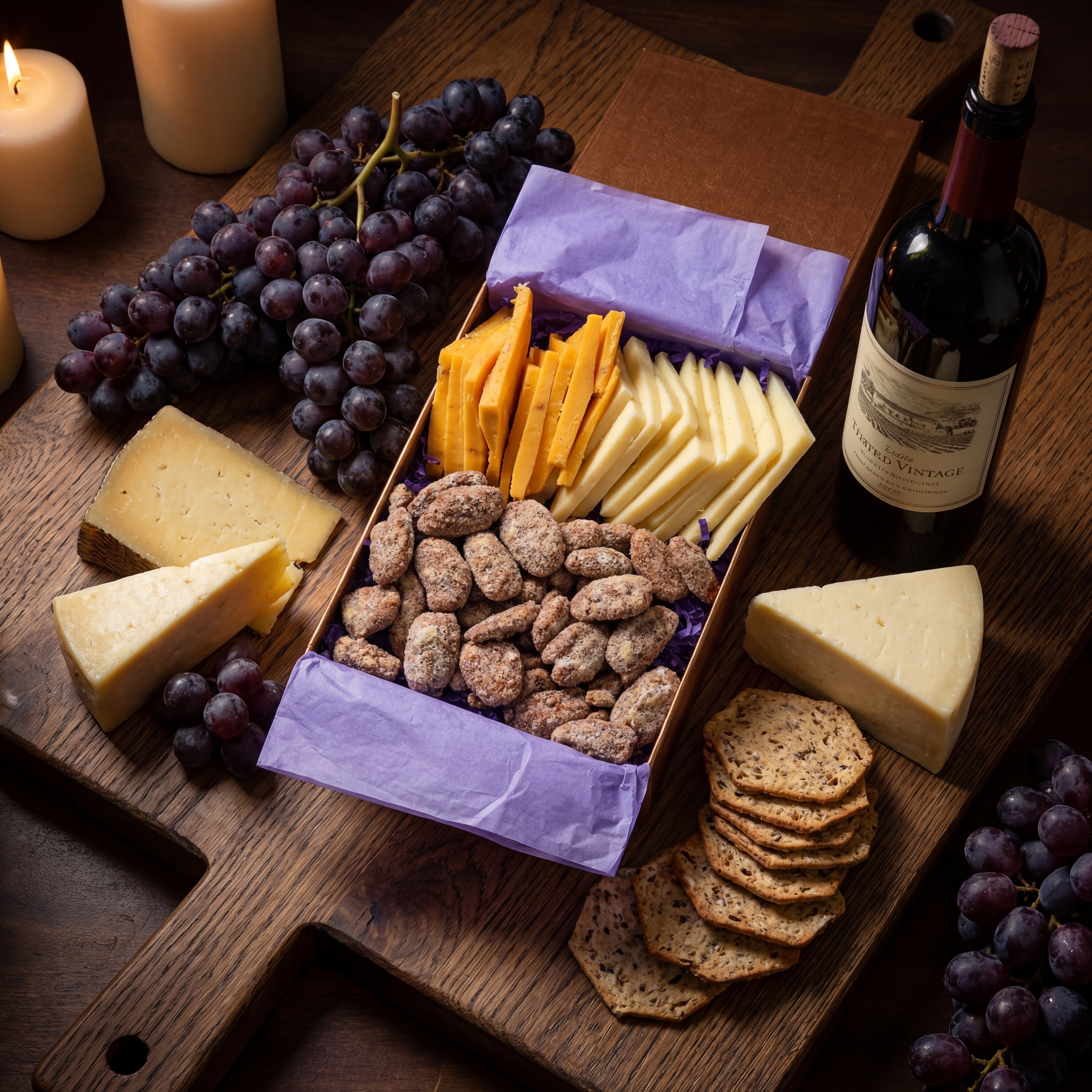 Sugar Plum Chocolates Honey Bourbon Pecans and Cheddar Cheese