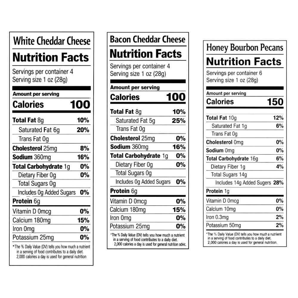 Nutrition facts labels for White Cheddar Cheese, Bacon Cheddar Cheese, and Honey Bourbon Pecans on a white background.