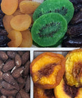 Gourmet dried fruit and nut tray with apricots, kiwis, dates, almonds, and peaches on a wooden platter.