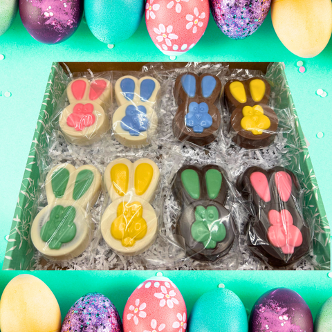 8 Handmade Bunny Rabbit Chocolate Covered Sandwich Cookies in a Box with Easter Decorations