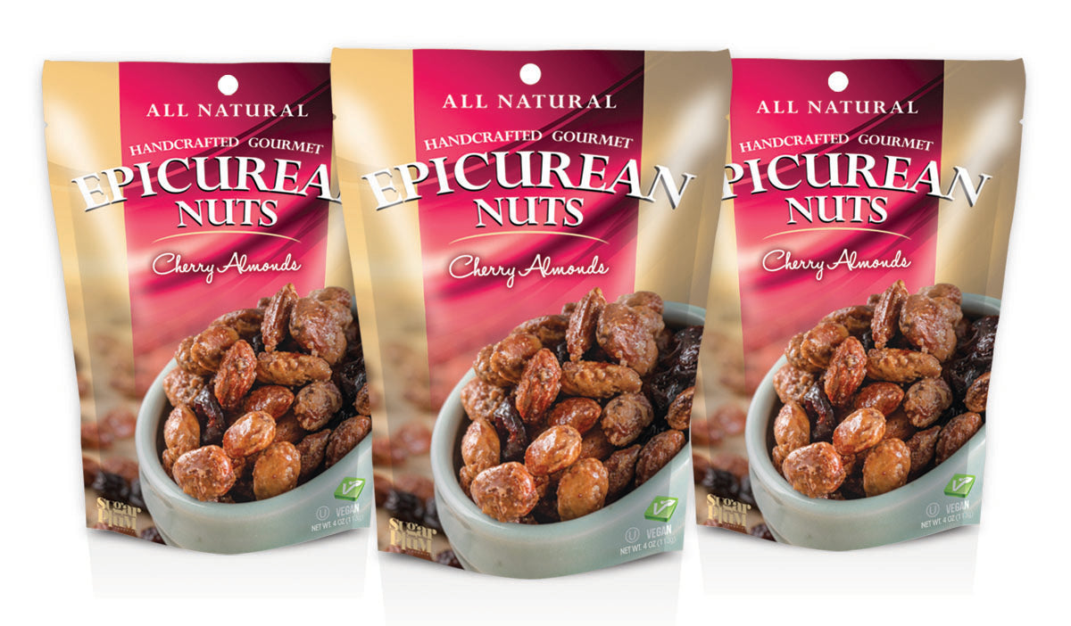 Epicurean Nuts Cherry Almonds 3-pack, 4 oz resealable bags, gourmet California almonds with natural cherry flavor, perfect for snacking.